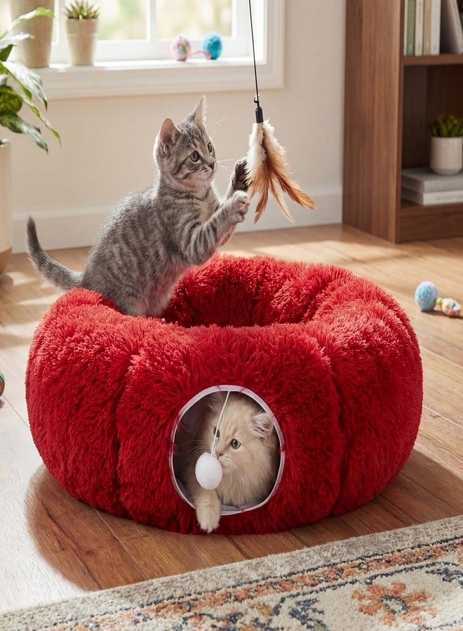 SilTriangle Cat Tunnel with Cat Bed for Indoor Cats Large Soft Plush Donut Tunnel Multifunctional 36 Circle Donut Tube Bed with Central Mat for Cats Puppy Rabbit Kitten Gifts(Red) - Image 1
